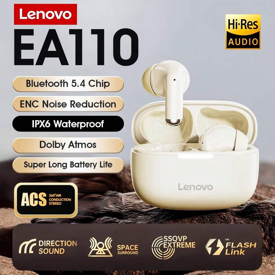 Lenovo EA110 2025 最新款高级蓝牙耳机，IPX6 防水防汗，超轻 2.4g 设计，稳固贴合跑步健身瑜伽，蓝牙 5.4 游戏模式 88ms 低延迟，24 小时播放时间，蓝牙耳机，HiFi 空间音效，黑色、白色、米色 - 米色 - 查看 1