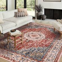 Techigher 5 Sizes Rugs Living Room|Area Rugs| Washable–120 X170 Cm Boho Vintage Floral Rug, Soft Faux Lamb Velvet Rug & TPR Non-Slip Backing Carpet For Bedroom,Bathroom, Dining Room, Kitchen, Entryway & Office - Red - View 12