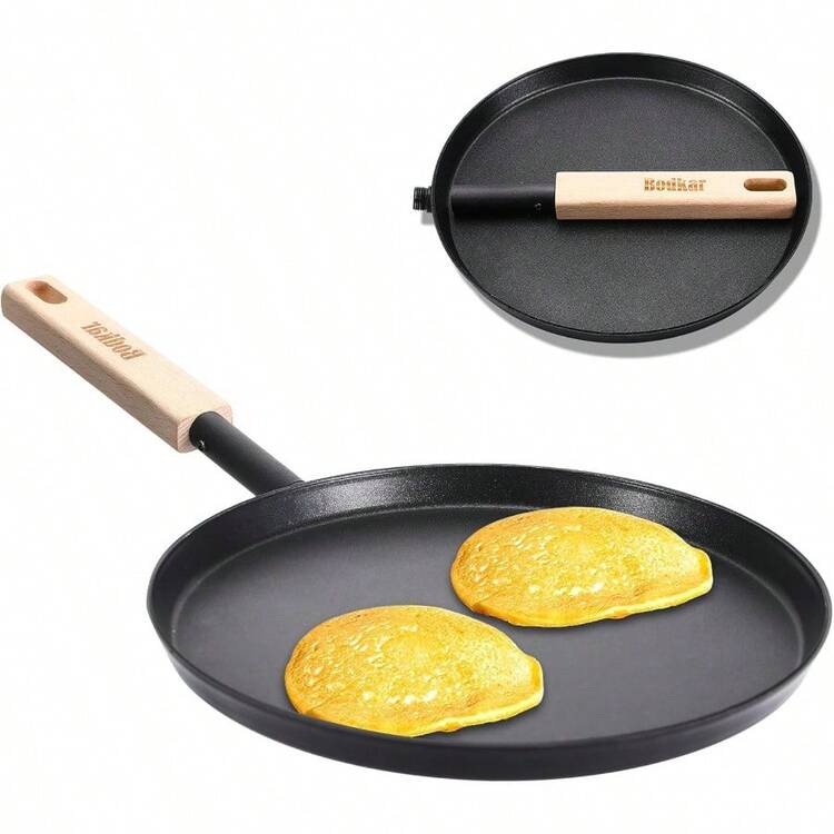 Frying Pan Skillet 8inch Flat Griddle Pan Lightweight Small Grill Pan With Wooden Handle For Camping Indoor Outdoor Cooking, Family Dinner Supplies, Party Supplies - 黑色 - 查看 1