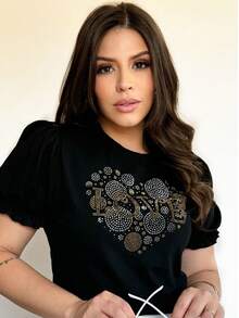 Women's Puff Sleeve Blouse With Front Print And Variations - Black Love - View 1