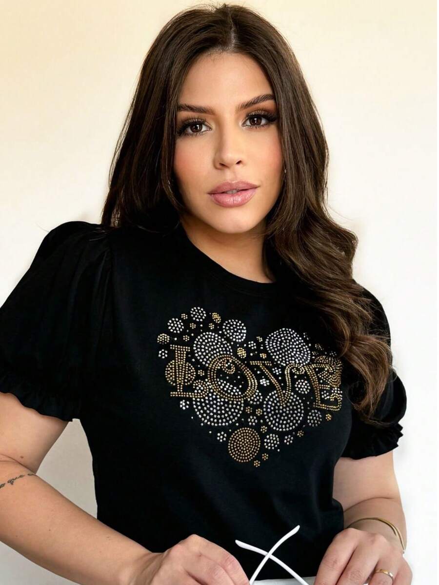 Women's Puff Sleeve Blouse With Front Print And Variations - Tình yêu đen - Xem 1