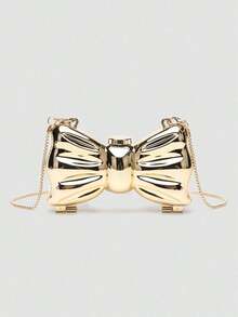 Mini Acrylic Electroplated Metallic Silver Shiny Bow Decor Clutch Bag, Versatile Women's Personalized Fashion Chain Lipstick Pouch, Jewelry/Earphone/Cosmetic Storage Box, Gift For Ladies, Suitable For Valentine's Day, Party, Wedding Dress Decoration, Date Use Shoulder/Crossbody Bag, Elegant Ladies Coin Purse - 金色 - 查看 12