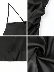 Unadoll 女式性感修身肩带露背高开衩不对称下摆缎面连衣裙，适合约会、派对、度假、圣诞节穿着 - 黑色 - 查看 8