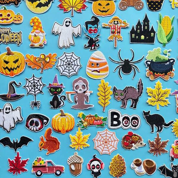 15/30 piezas Parches bordados de Halloween para decoración, pegatinas para ropa, bolsos, zapatos, sombreros, decoración del hogar, colores surtidos, con plancha y costura