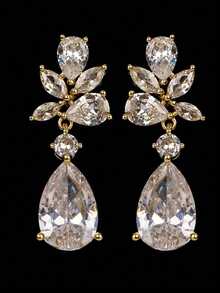 1 对优雅泪珠花瓣铜锆石吊坠耳环适合女士情人节、妈妈、母亲、母亲节、礼物 - 金色 - 查看 4