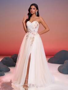 Anymoon 女士褶皱高腰长款晚礼服，饰有 3D 立体花卉亮片蕾丝细节，适合正式场合和婚礼。 - 香檳色 - 查看 8