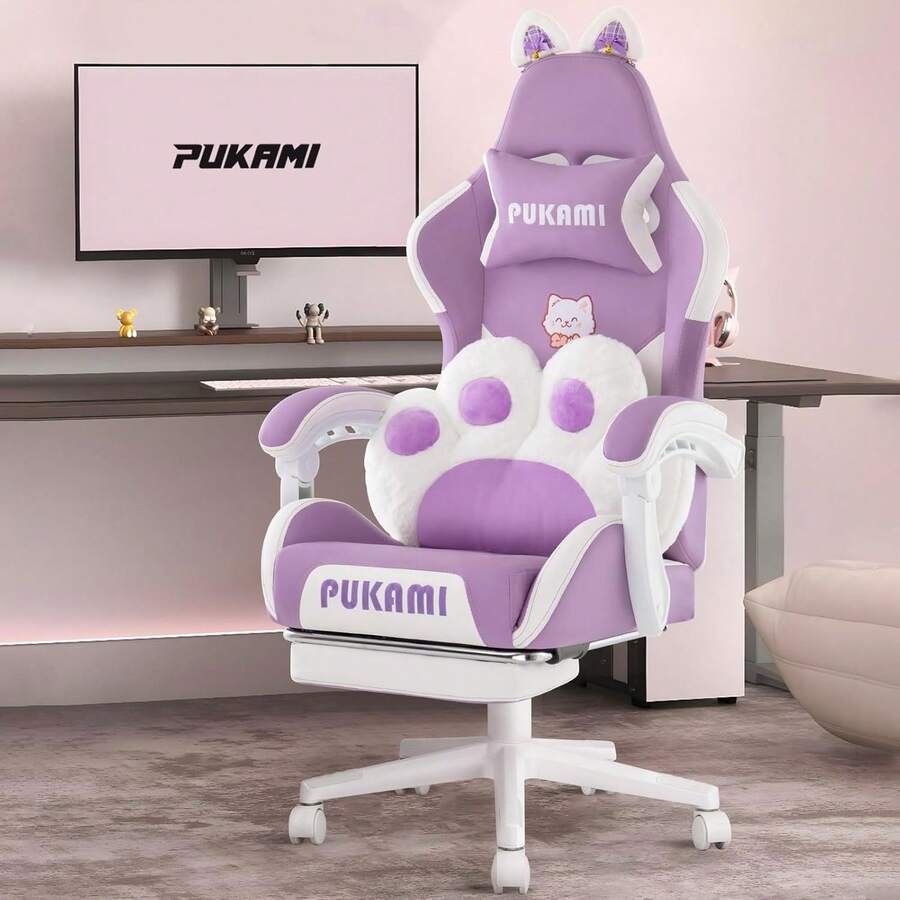 Cute Gaming Chair With Cat Ears & Cat Paw Lumbar Support, Ergonomic Reclining PC Chair For Kids, Girls & Teens, With Footrest, Headrest & Adjustable Features - Màu tím - Xem 1