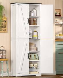 Hoher Lagerschrank, Küchenschrank mit 4 Regalen, verstellbare Regale, Vorratsschränke mit 4 Scheunentüren, freistehender Schrank für Küche, Esszimmer, Wohnzimmer, weiß