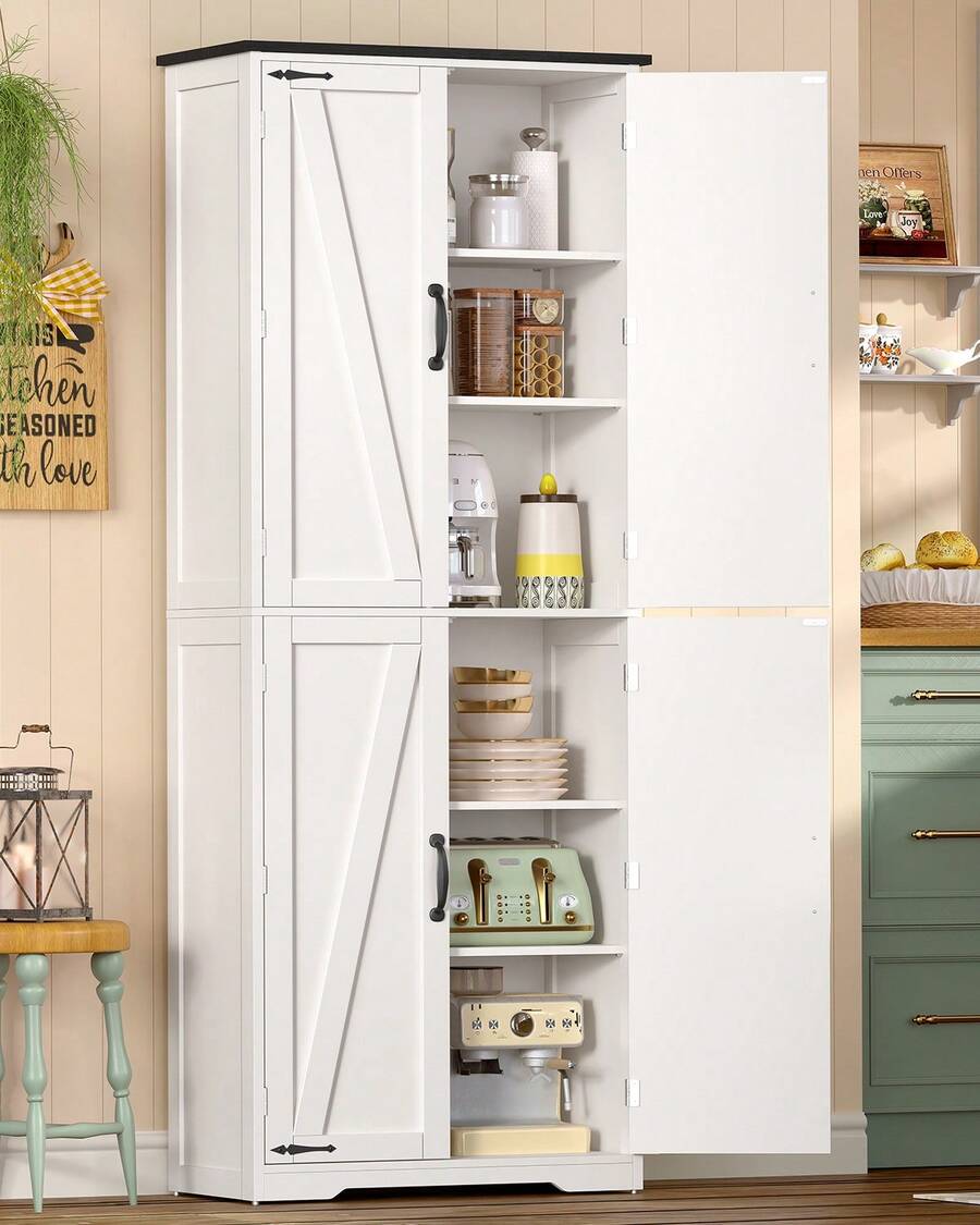 Hoher Lagerschrank, Küchenschrank mit 4 Regalen, verstellbare Regale, Vorratsschränke mit 4 Scheunentüren, freistehender Schrank für Küche, Esszimmer, Wohnzimmer, weiß