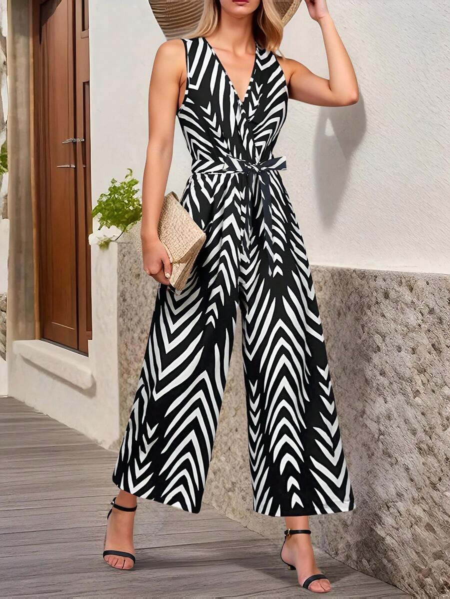 Mono Tank De Mujer Con Cuello En V Con Cinturón,Conjunto Diseño A Rayas Verticales Con Espalda Hueca - Negro - Ver 1