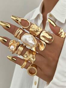 12/3pcs Set Asymmetric Pearl Flower Rings, Geometric Design, Iridescent, Hollow Round, Multi-Layer Metal Texture, Extra Large, Rugged Chic, Elegant Vintage, Suitable For Holidays, Parties, Dates, Gifts, Daily Wear