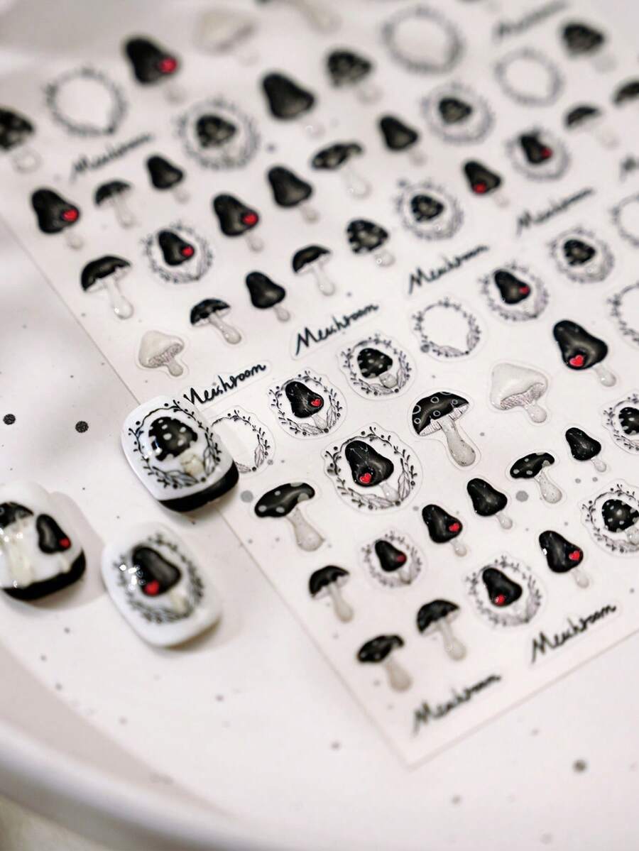 Dark Vintage Mushroom 5D Nail Stickers Cute Cartoon Plant Jelly Gothic Whimsical Self Adhesive Decoration Nail Art Decals