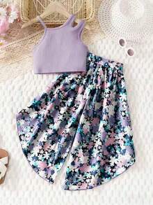 Solid Color Crop Top With Printed Wide Leg Pants Casual Beach Holiday Outfit For Girls, Suitable For Outdoor Use - Purple - View 2
