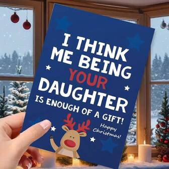 1 Stück. Die lustige Weihnachtskarte, die die Tochter dem Vater gibt, die Weihnachtskarte, die sie ihm überreicht