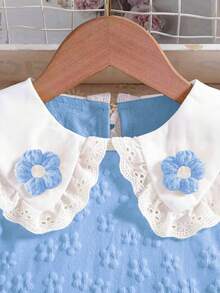 Sunny & Vibrant Girls' Dress, Floral Applique Peter Pan Collar Loose Solid Color Dress, Suitable For Casual, Party, Daily Wear - 藍色 - 查看 6