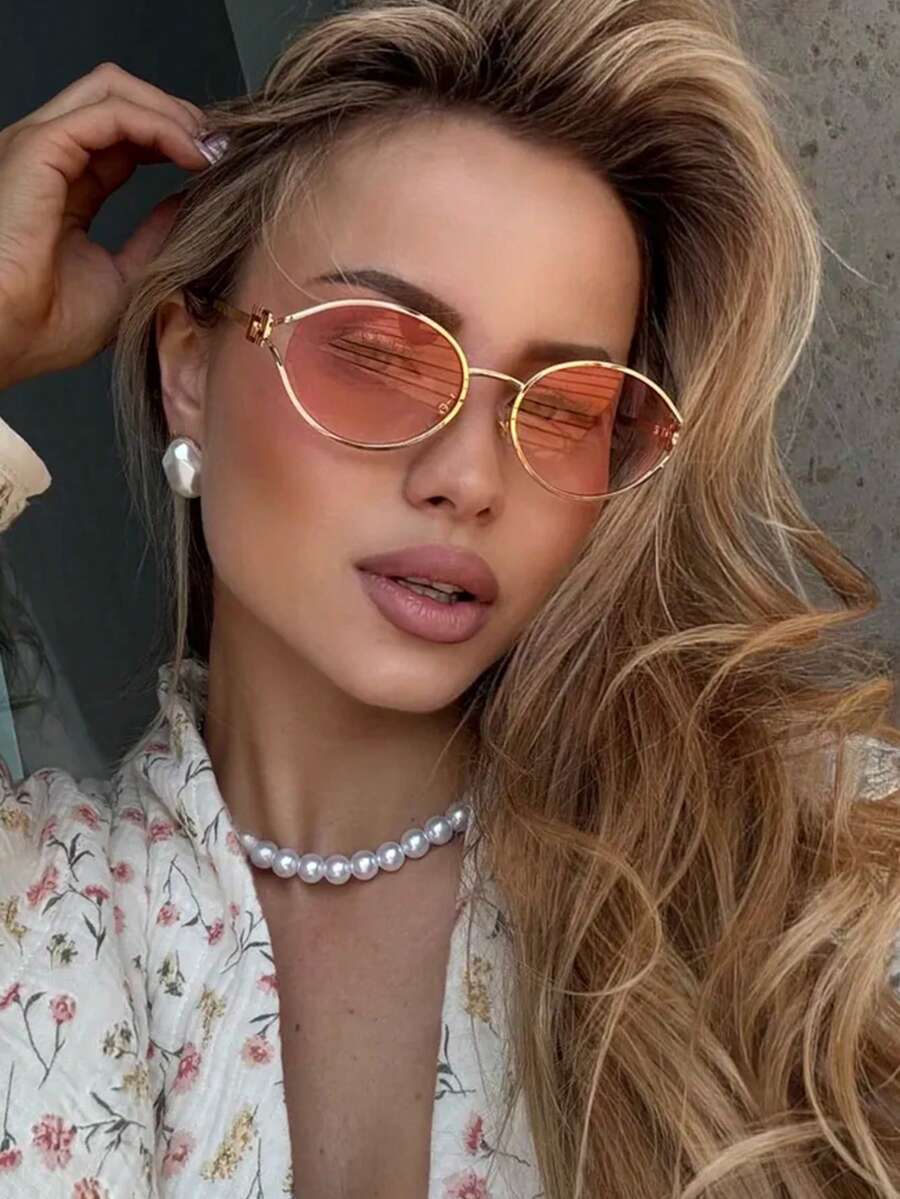 1pc Fashionable And Exquisite Hollow Oval Women's Fashion Glasses, Exquisite And Elegant, Suitable For Wearing In Various Occasions - 金框漸粉片 - 查看 1