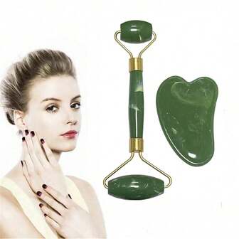 Echte Jade Roller & Gua Sha Set voor het gezicht, verkoelend en verstevigend effect, modellerend hulpmiddel voor kaaklijn en huidverzorging, zelfzorgcadeau voor vrouwen en mannen