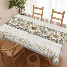 1 件优雅白色和金色花卉桌布，复古银灰色奢华风格，圆形和矩形耐磨涤纶面料，适用于家庭厨房、户外花园、节日派对、婚礼、餐厅和宴会装饰、婚礼季节装饰