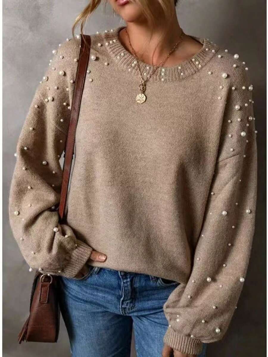 Modischer, locker sitzender Pullover mit Nieten an den Schultern, Herbst/Winter - Braun - Übersicht 1
