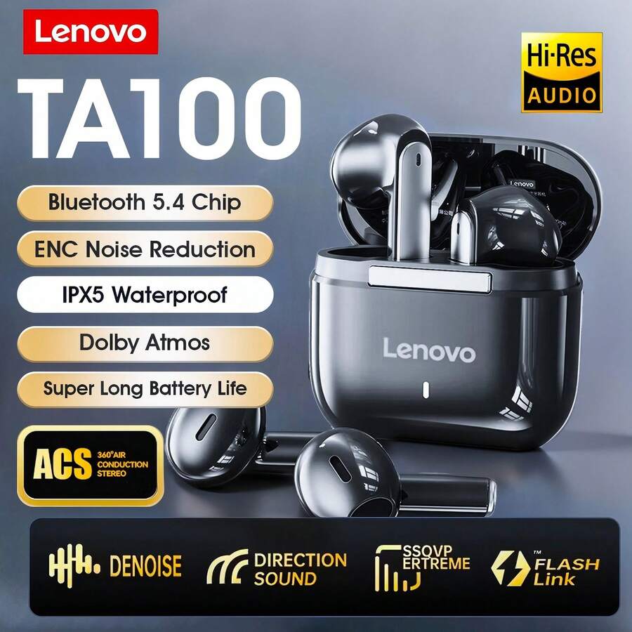Lenovo TA100 Bluetooth Earphones, Bluetooth 5.4 Stable Connection & 13mm 3D Audio Matrix for Immersive Sound, HD Call Noise Cancelling, 24H Playtime, Ultra Lightweight 3.1g Design Secure Fit Running Gym,Bluetooth Earphones,Black， - 黑色 - 查看 1