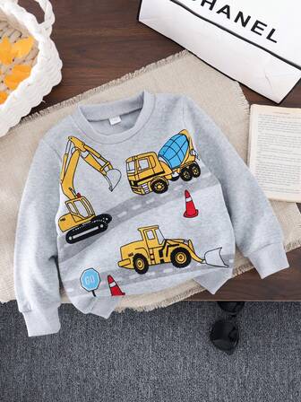 1pc Young Boy Excavator & Construction Vehicle Print Thermal Lined Casual Sweatshirt, Autumn/Winter