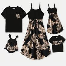 Family Matching Floral Print Belted Cami Dresses And Solid Short Sleeve Tops Sets - 黑色 - 查看 2