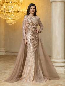 Vestido de noite feminino UNITHORSE [corte aleatório] com decote redondo, manga comprida, lantejoulas, patchwork, tecido de malha, corte slim, maxi temperamento