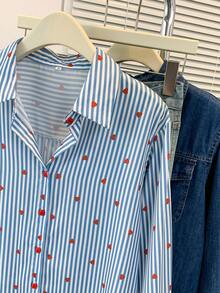 YUXIN 热销清新蓝白条纹心形元素衬衫舒适透气多场景四季女上衣 - 藍條 - 查看 6