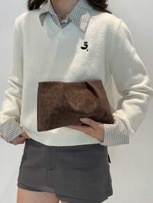 Model Clutch Warna Polos Terbaru untuk Musim Gugur/Dingin, Tas Awan Berlipit, Motif Leopard, Tas Amplop Kasual, Tas Kosmetik, Tas Aksesori Perjalanan, Tas Pelapis, Tas Perlengkapan Mandi, Kantong Penyimpanan - Kopi - View 5
