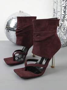 时尚方头高跟绑带派对凉鞋，女士款 - 酒紅色 - 查看 16