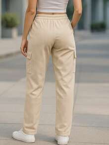 Pantalón Cargo Mujer de Pana con Cintura Elástica y Bolsillos Laterales - Marfil - Ver 2