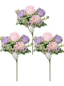 1 Bunch Artificial Peonies Silk Flowers Faux Peony Bouquet Floral Arrangements For Farmhouse Home Boho Wedding Table Centerpiece, Fake Plastic Flower Bulk For Vase Decoration Gifts Birthday Graduation - Two-tone Purple - View 7