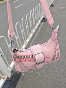 1pc PU Leather Women's Handbag, Y2K Babe Bag, Versatile Star Bag, Crescent Bag Sweet Cool Girl Bag, Black & Red Contrast Chain Shoulder/Underarm Bag, Y2K Chic Star Chain Crossbody Bag, Street Style Party Gift For Women - 粉色 - 查看 1