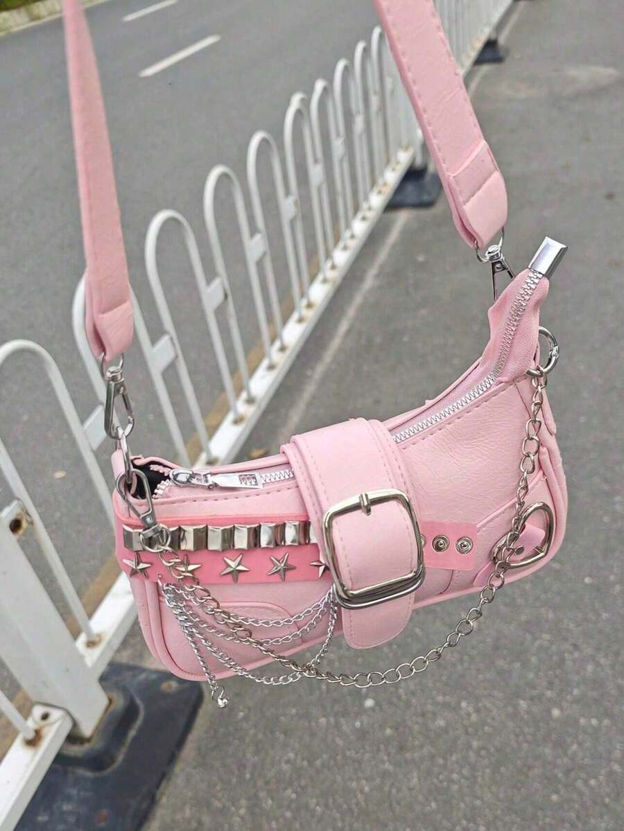 1pc PU Leather Women's Handbag, Y2K Babe Bag, Versatile Star Bag, Crescent Bag Sweet Cool Girl Bag, Black & Red Contrast Chain Shoulder/Underarm Bag, Y2K Chic Star Chain Crossbody Bag, Street Style Party Gift For Women - 粉色 - 查看 1