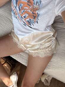 Women Y2K Lace Trim Patchwork Satin Shorts Silk Boxers Elastic Waist Low Rise Lounge Mini Shorts Slips Satin Bloomers Culotte Short Pettipants - Rượu sâm banh - Xem 9