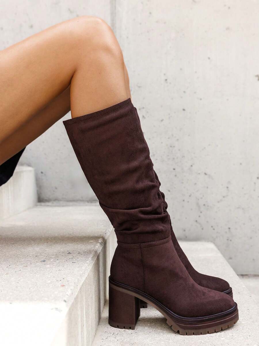 Boots And High Heels Made Of Suede Material, Featuring Ruched Effect, Sturdy Chunky Heel And Cutout Sole. - Brown - View 1