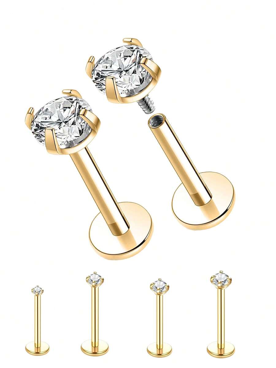 قطعتان من أقراط الأذن المرصعة بالمجوهرات من الفولاذ المقاوم للصدأ ذات الخيط الداخلي للنساء، مناسبة للغضروف والحلقة والأنف والشفاه