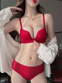 Brasier suave y cómodo con acolchado, escote en V profundo, para busto pequeño, que levanta y da soporte, con media copa y aros interiores, color blanco - Rojo - Ver 8