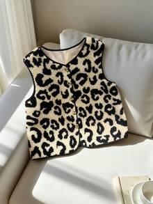 Leopard Print Contrast Trim Front Button Sleeveless Fuzzy Jacket, Suitable For Everyday Wear,Sleeveless Vest, Leopard Print Faux Shearling Vest,Autumn/Winter