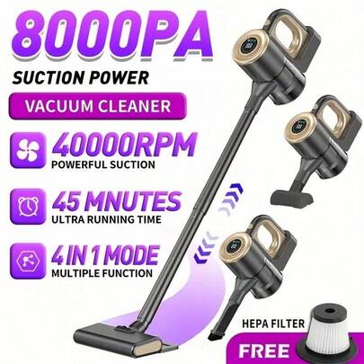 8000PA High-Power Cordless Vacuum Cleaner Combo Set, 40,000RPM High-Speed Motor With Durable Battery, Suitable For Yard, Living Room, Kitchen, Sofa And Car | Professional Strong Suction, Crevice Cleaning Tool, Pet Hair Removal