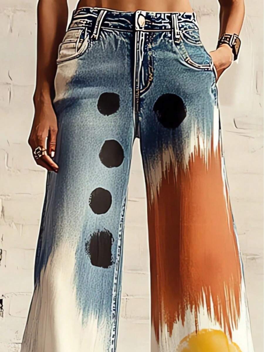 Women's High Waist Tie Dye & Polka Dot Wide Leg Jeans - Vintage Artistic Pants, Boho Y2K Style For Festival & Rave Outfits, 4th Of July. - 花色 - 查看 1