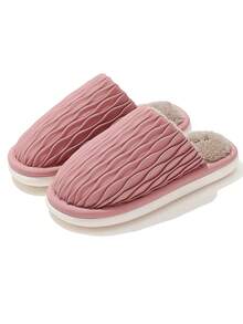 女士褶皱室内拖鞋，防水PU软底毛绒内里保暖露趾套脚平底拖鞋，粉色 - 粉色 - 查看 7