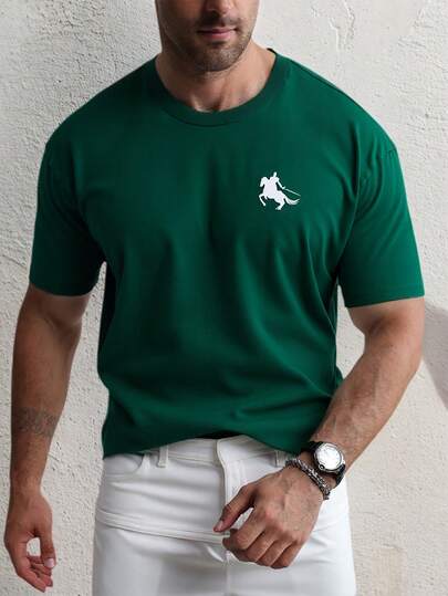 男士夏季骑士印花圆领休闲短袖T恤，搭配休闲裤，适合旅行/度假/户外露营/运动，搭配休闲裤