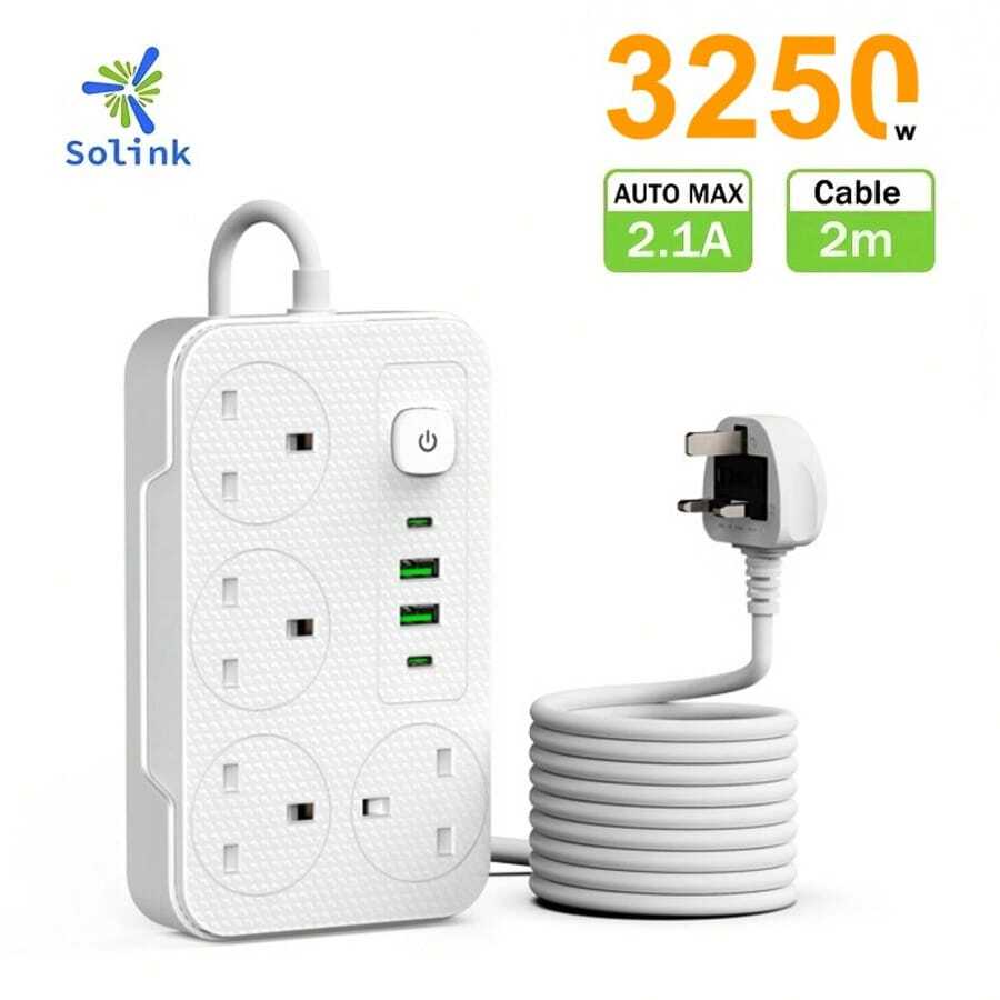 1 8-In-1 Power Board/Socket/Power Board, 1.8m Extension Power Cord, 4 AC Sockets, Maximum Power 3250W, 13A, 2 USB 2 Type-C, Suitable For Home, Office, Travel, Computer - 英規插(220-240V) - 查看 1