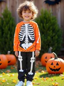 2 件装 1-6 岁男童万圣节骷髅印花长袖舒适休闲套装（含裤子）