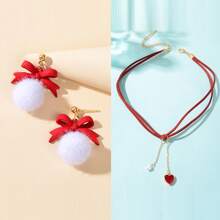 Christmas Jewelry Set Wine Red Choker Heart Pendant Necklace And Red Bow White Ball Dangle Earrings