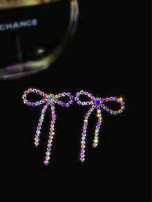 Retro Shining Tassel Club Bowknot Crystal Rhinestone Earrings Stud Wedding Party Graduation Jewelry 1 Pair - Silver - View 25