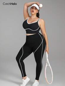 Plus Size Women Contrast Binding High Waist Workout Legging, Seamless Tummy Control Sports Yoga Pants, All Season Versatileshi Casual Daily Wear - 黑色 - 查看 5
