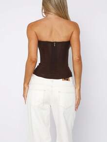 Women Y2k Strapless Bustier Corset Back Zip Mesh Boned Bodyshaper Tube Top Going Out Club Party Bustier Tops - 棕色 - 查看 3