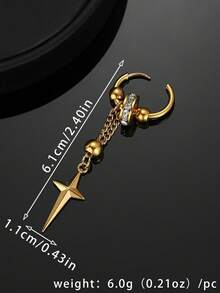 1pc Stainless Steel Cross Star Pendant With Tassel Chain, Stainless Steel Bead Earring For Men, Fashionable & Personalized - Gold - View 3